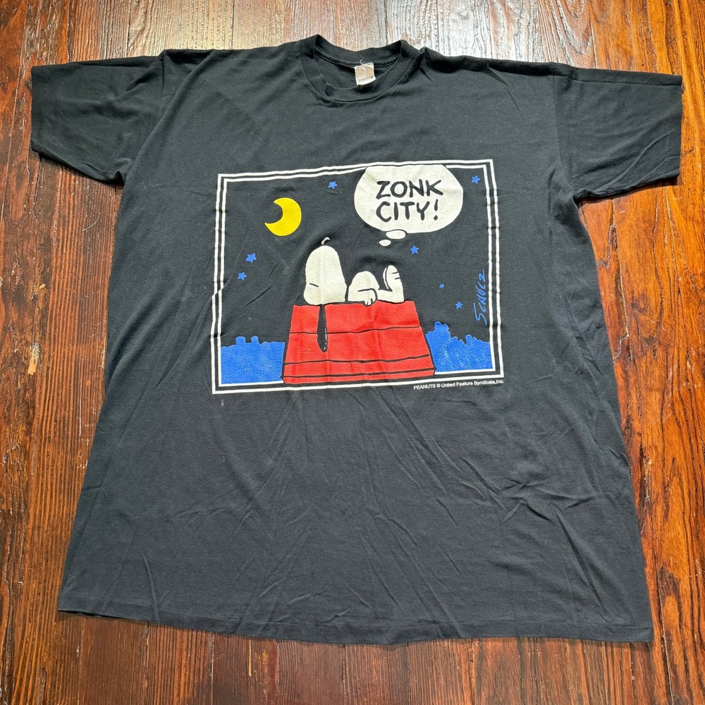 Vintage 90s Snoopy Peanuts Shirt Mens 2XL Black Zonk City USA Single Stitch